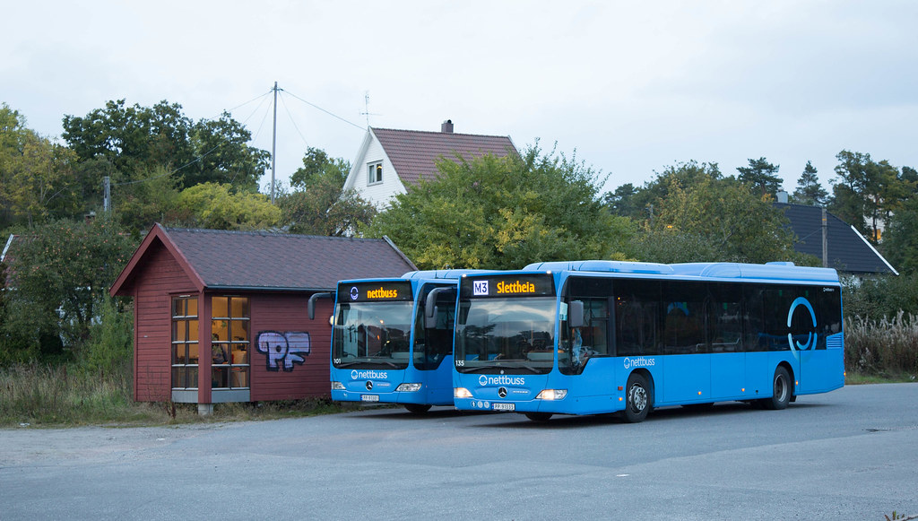 Two blue buses