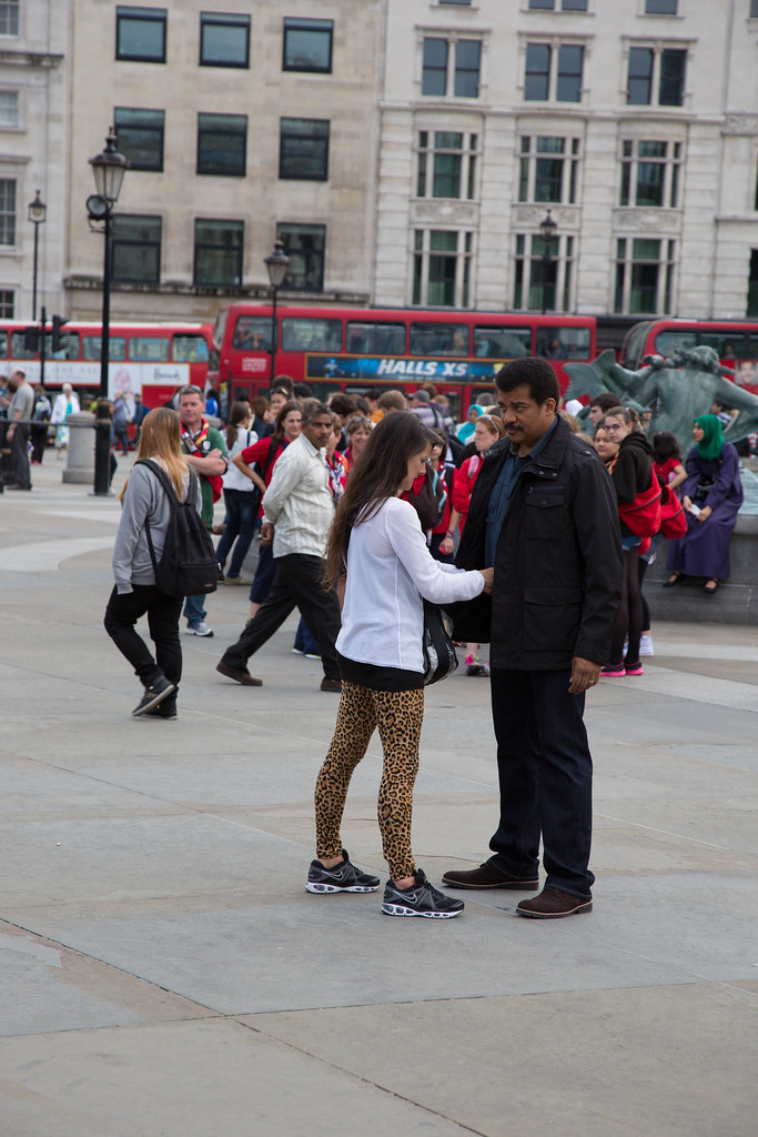 Neil deGrasse Tyson filming documentary series Cosmos: A Space-Time Odyssey at Trafalgar Square, London