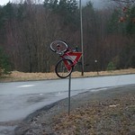 Bike hanging on sign