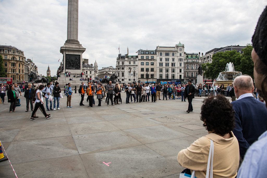 Neil deGrasse Tyson filming documentary series Cosmos: A Space-Time Odyssey at Trafalgar Square, London